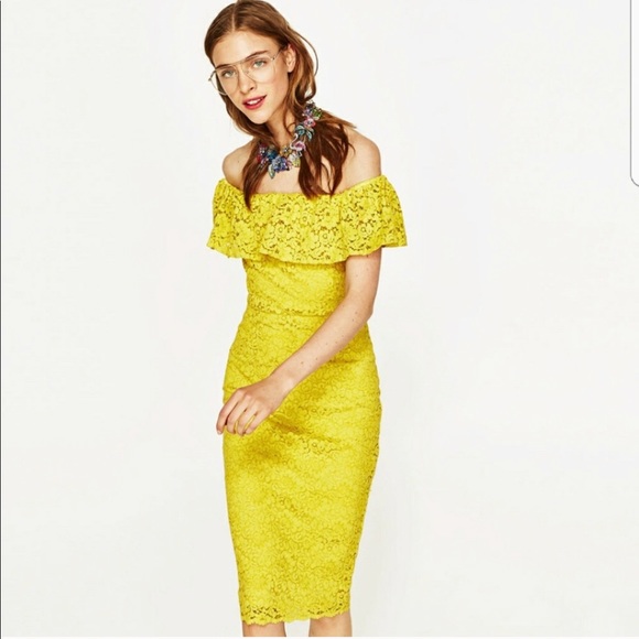 yellow lace off the shoulder dress